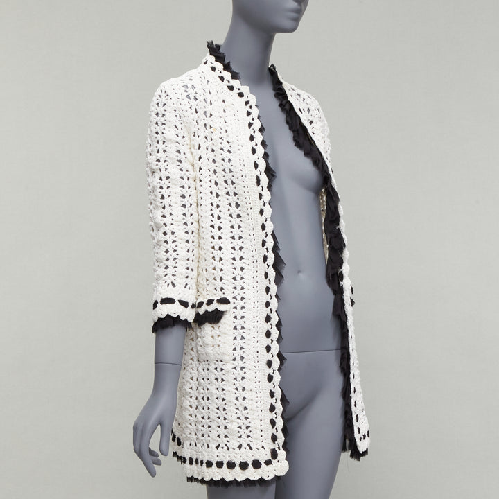 CHANEL 05P Runway cream crochet knit black silk trim cardigan coat FR38 M