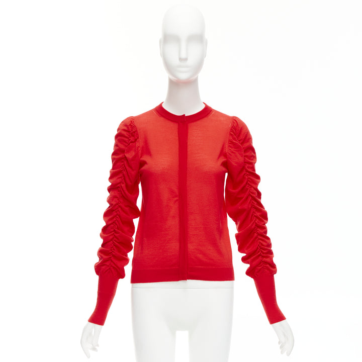 DICE KAYEK red 100% wool ruched sleeves crew neck cardigan sweater FR36 S