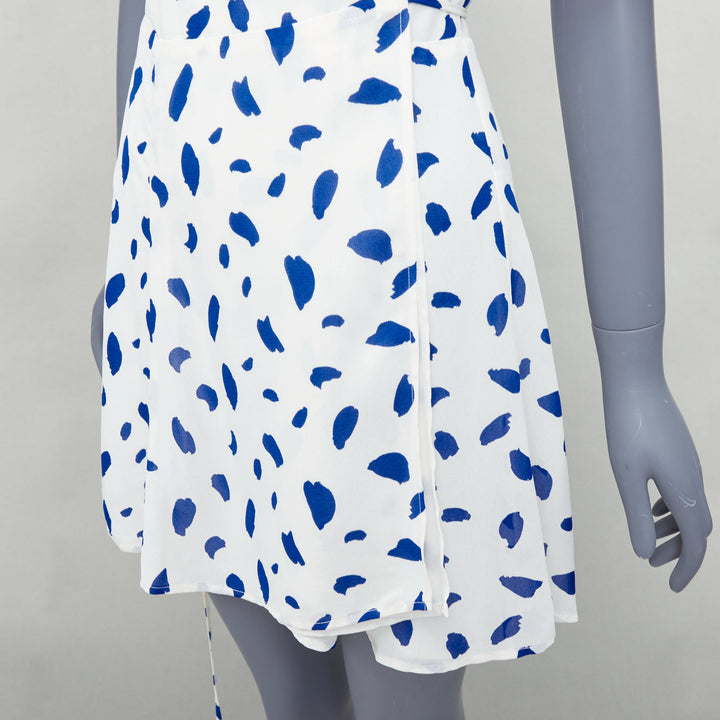 REFORMATION Lucky blue white Dalmatian print puff sleeve wrap dress M