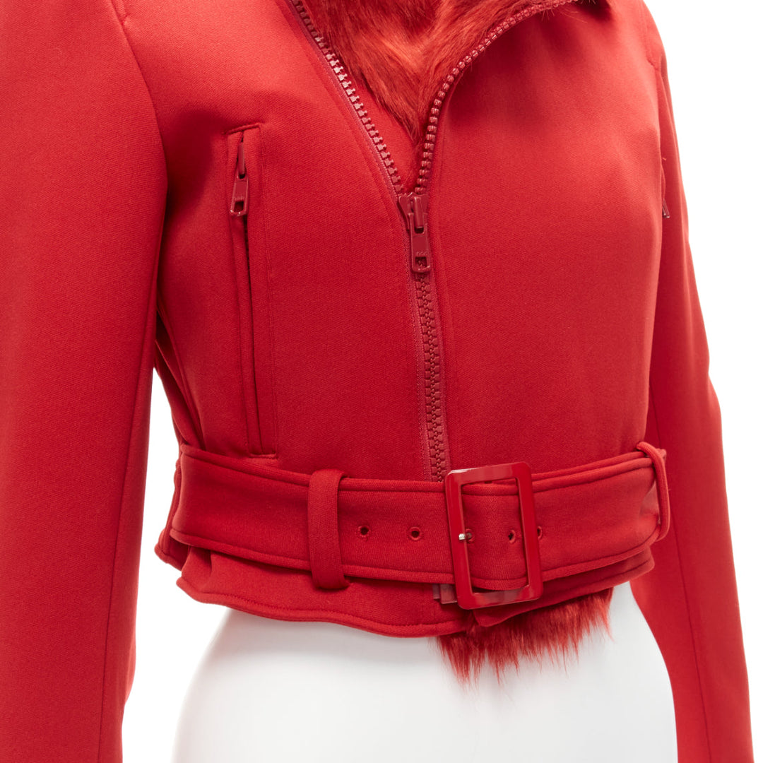 YOHJI YAMAMOTO red faux fur collar 3 stripes belted cropped biker jacket S