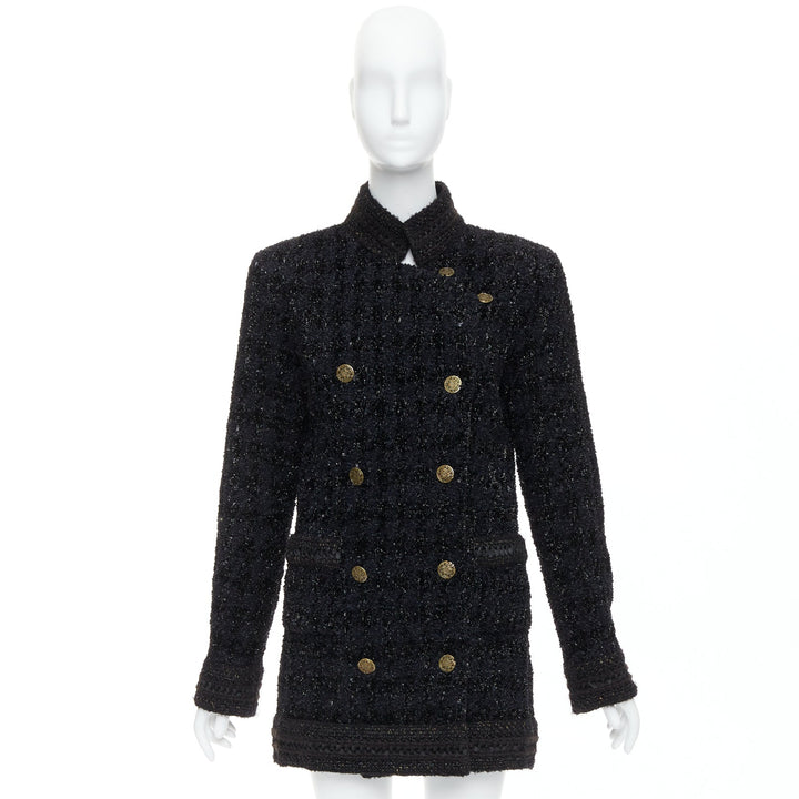 CHANEL 10A Paris Shanghai Runway black metallic checked qipao coat FR40