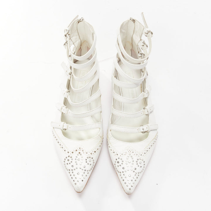 VERONIQUE BRANQUINHO white leather silver studded wingtip strappy flats EU37.5