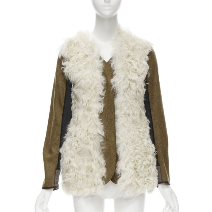 MARNI 2011 cream lamb shearling fur brown wool sleeves winter coat IT38 XS