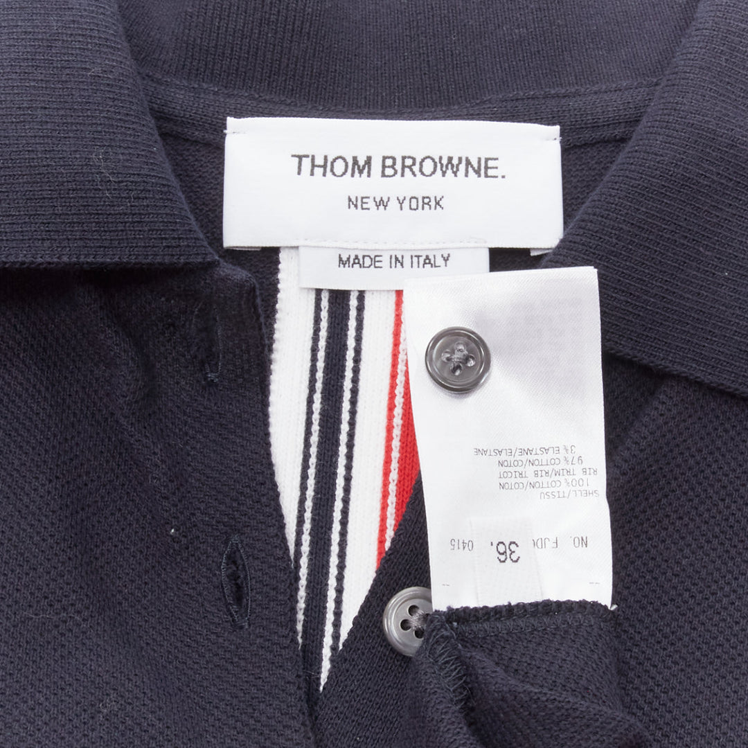 THOM BROWNE navy blue signature stripe webbing pique polo dress IT36 XXS