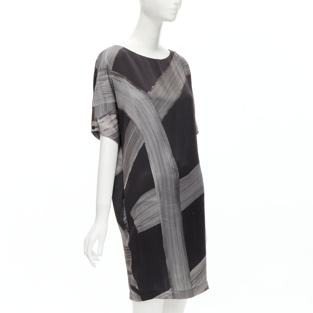 STELLA MCCARTNEY 100% silk black grey brush stroke print bateau dress IT38 XS