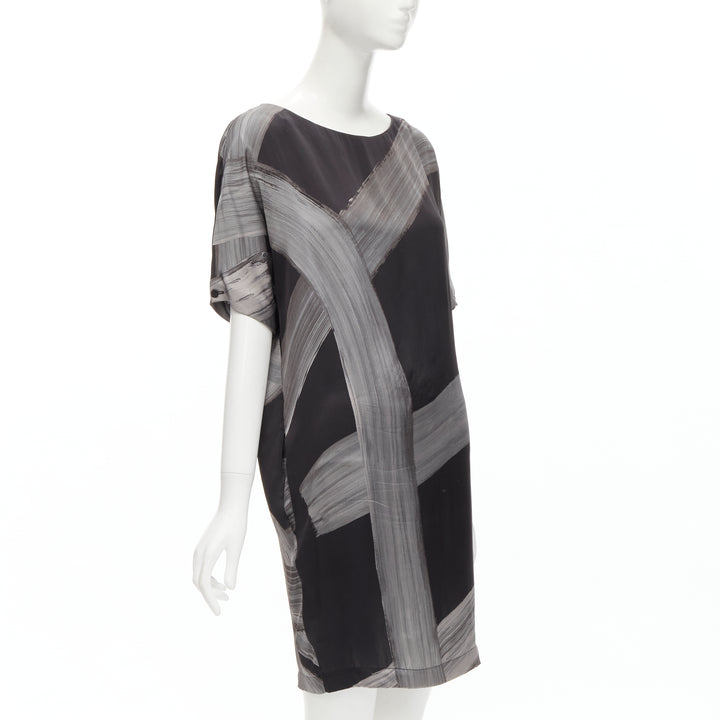 STELLA MCCARTNEY 100% silk black grey brush stroke print bateau dress IT38 XS