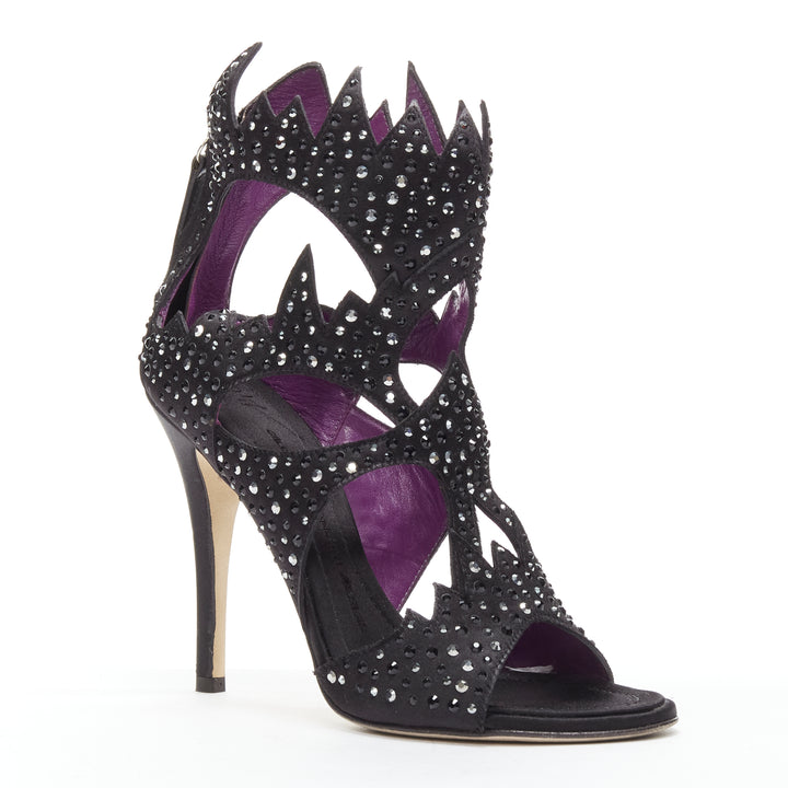 GIUSEPPE ZANOTTI black crystal satin leather lined cutout sandals heels EU37.5