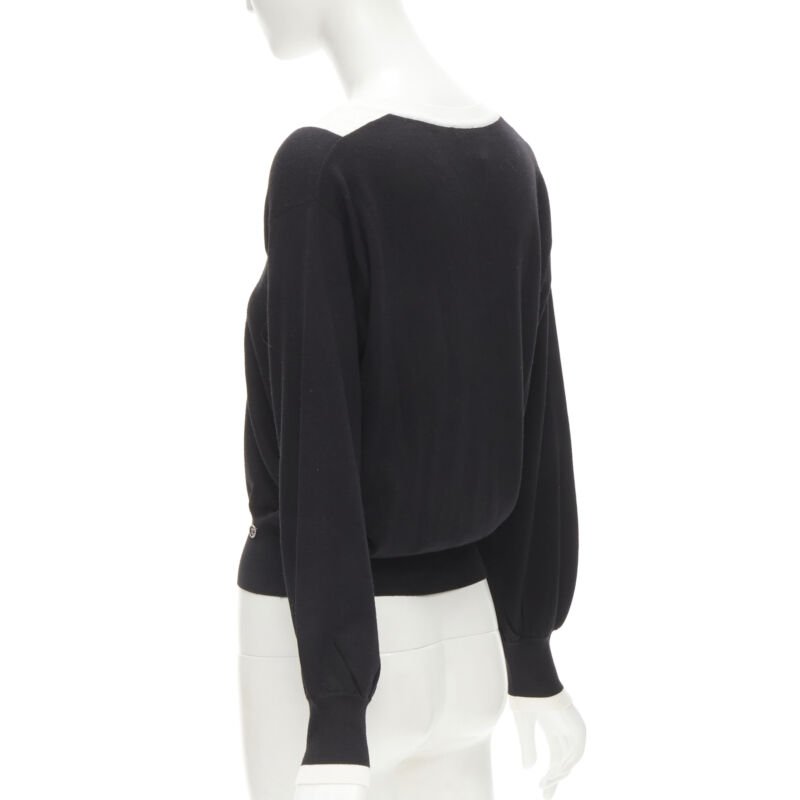 CHANEL 100% wool black white cable knit varsity collar CC charm sweater FR38 M