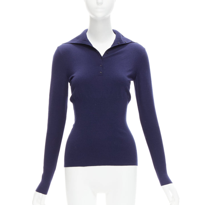 ALAIA navy blue wool blend button turtleneck sweater top FR40 L