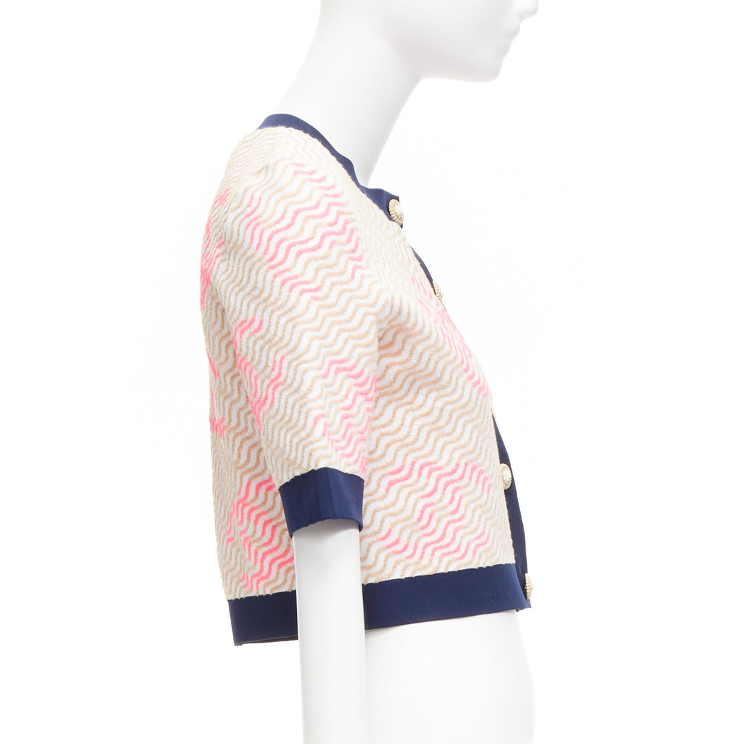 rare CHANEL pink applique logo twirl seashell button cropped cardigan FR38 M
