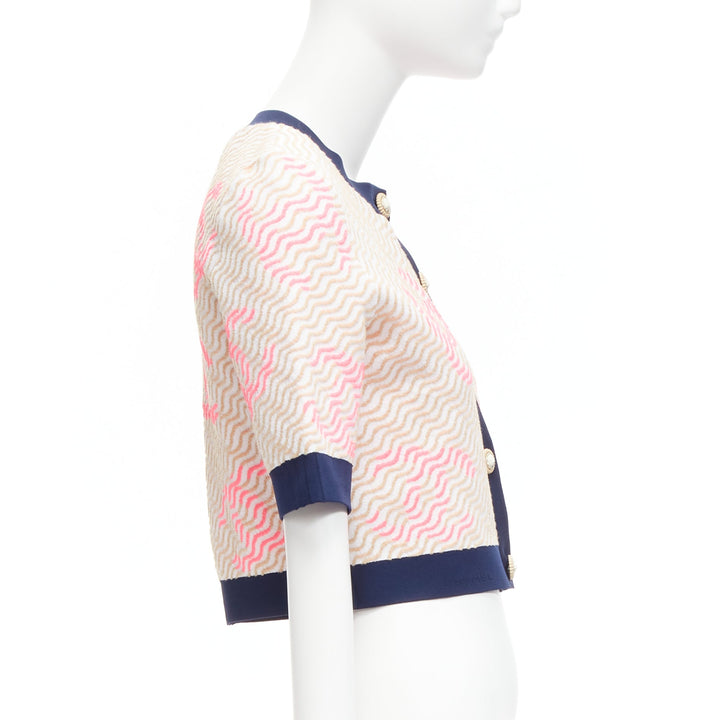 rare CHANEL pink applique logo twirl seashell button cropped cardigan FR38 M