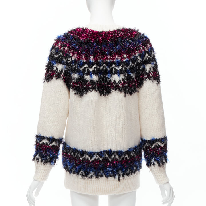 CHANEL pink blue fluffy lurex cream intarsia crystal CC button cardigan FR36 S