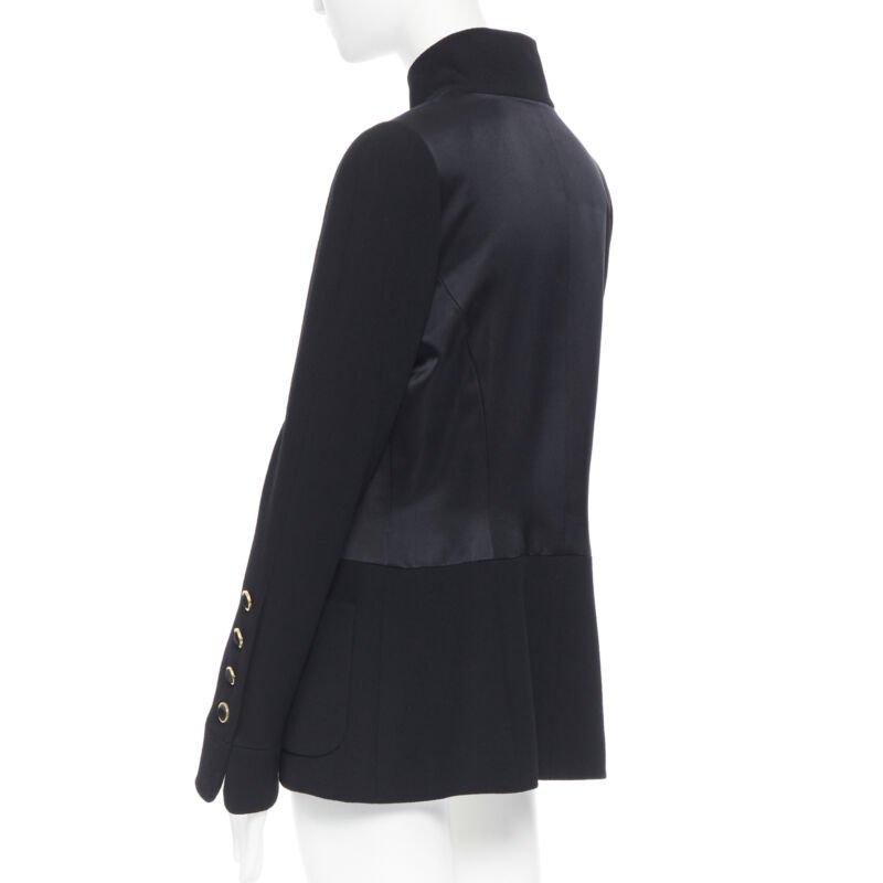 CHANEL black silk satin crepe 4 pockets gold high collar mandarin jacket FR42