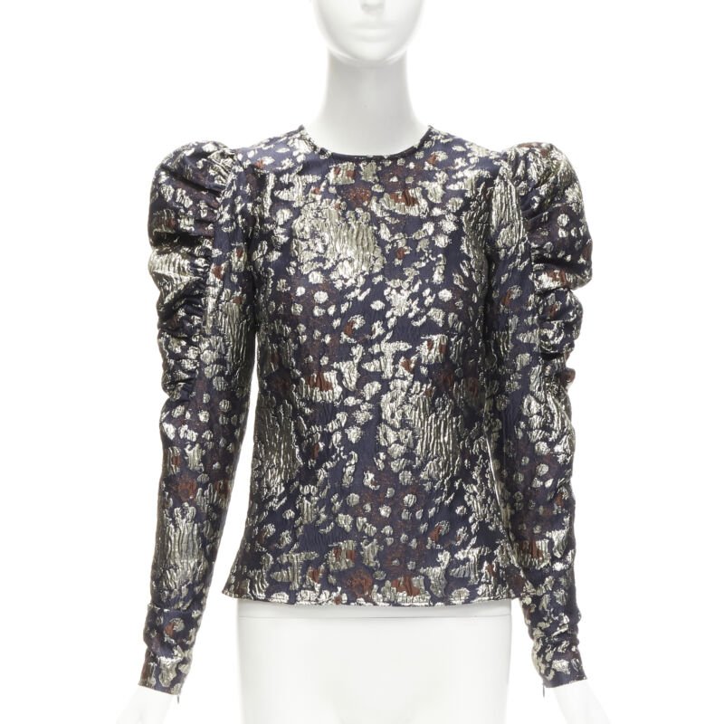 MALENE BIRGER black gold jacquard puff sleeve evening blouse top FR34 XS