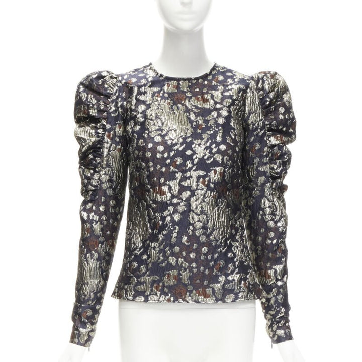 MALENE BIRGER black gold jacquard puff sleeve evening blouse top FR34 XS