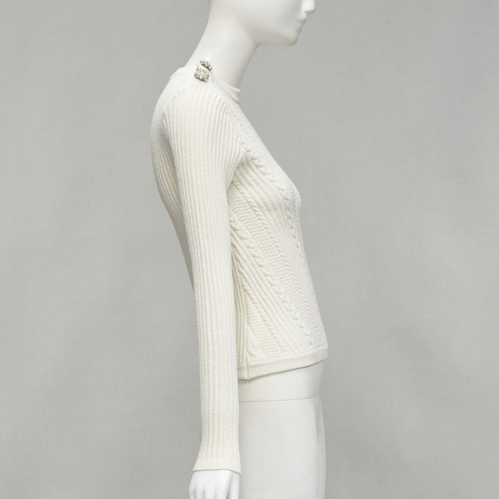 GANNI ivory crystal button textured knit cotton blend sweater top XS