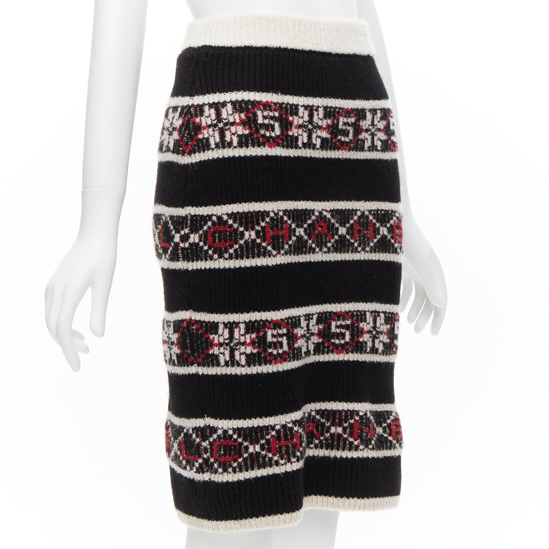CHANEL Number 5 red black white CC logo fair isle intarsia skirt FR34 XS
