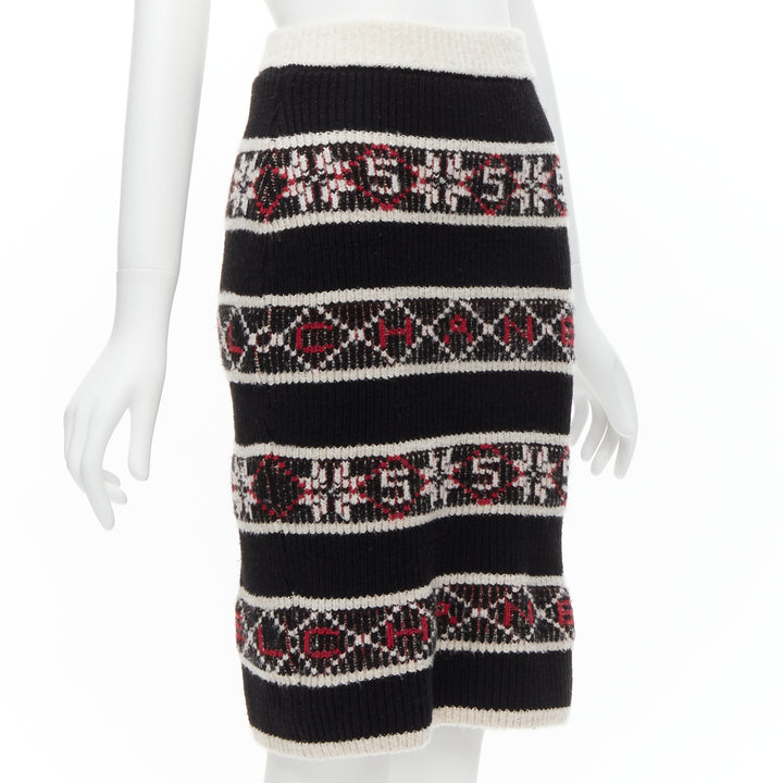 CHANEL Number 5 red black white CC logo fair isle intarsia skirt FR34 XS