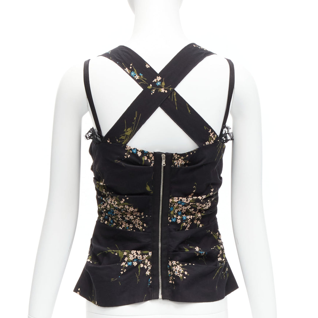 DOLCE GABBANA black floral print cross back lace trim corset top IT42 M