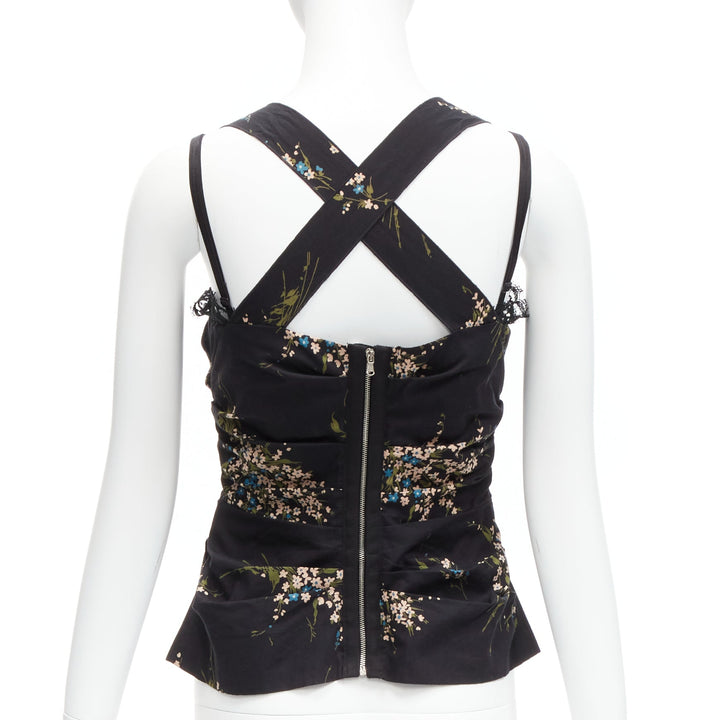 DOLCE GABBANA black floral print cross back lace trim corset top IT42 M