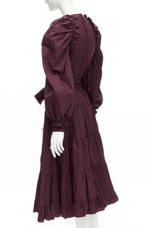 ULLA JOHNSON burgundy cotton bow belt balloon sleeves flared midi dress US2 XS