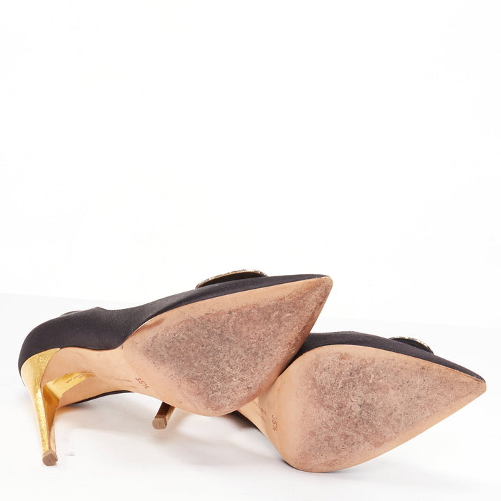 RUPERT SANDERSON Gold black satin gold paint buckle heeled pumps EU35.5