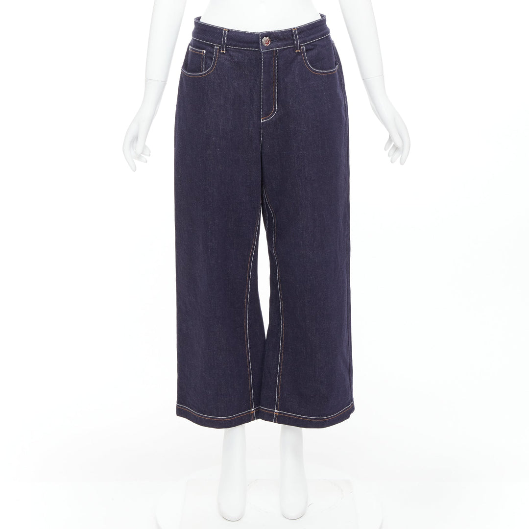 FENDI brown FF logo patch contrast stitch cropped wide leg jeans IT44 L
