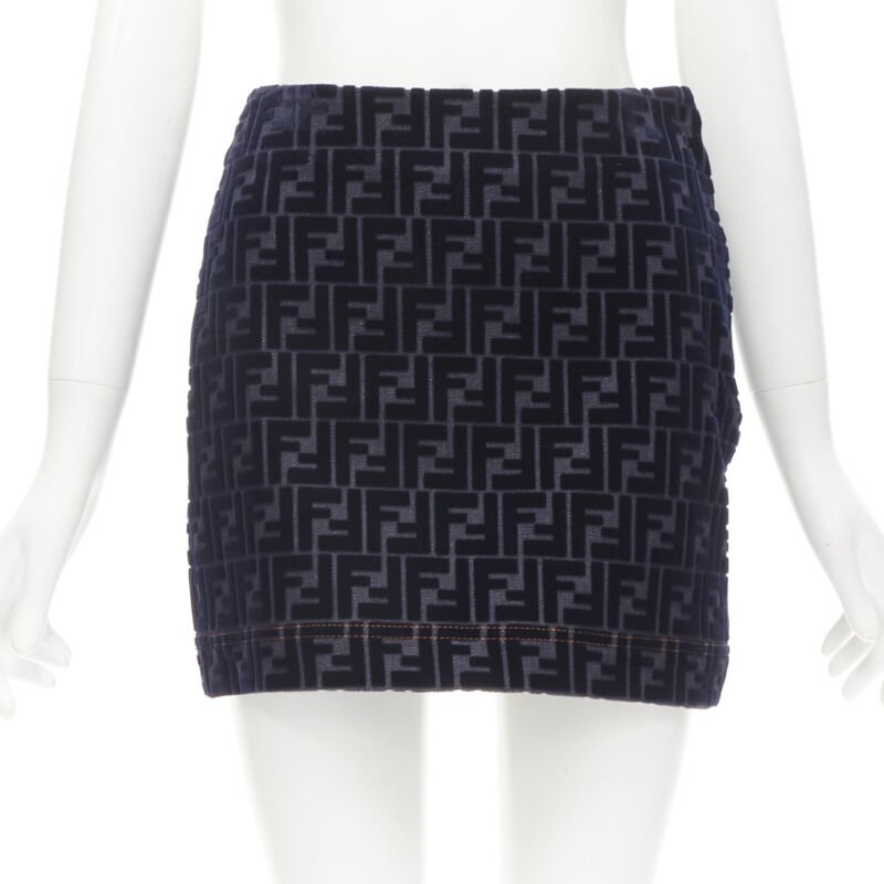FENDI FF Zucca monogram velvet flocking mini denim skirt S