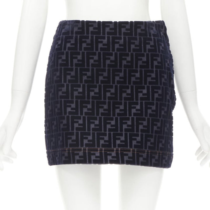FENDI FF Zucca monogram velvet flocking mini denim skirt S