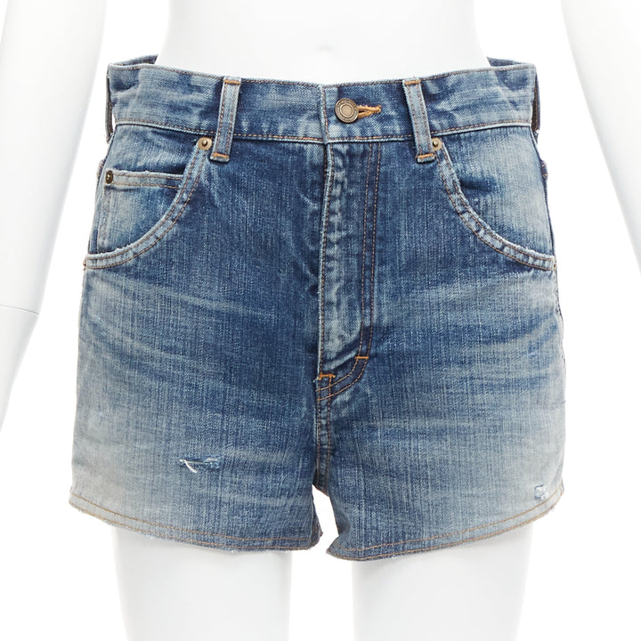 SAINT LAURENT 2020 blue distressed washed denim high waisted shorts 29"