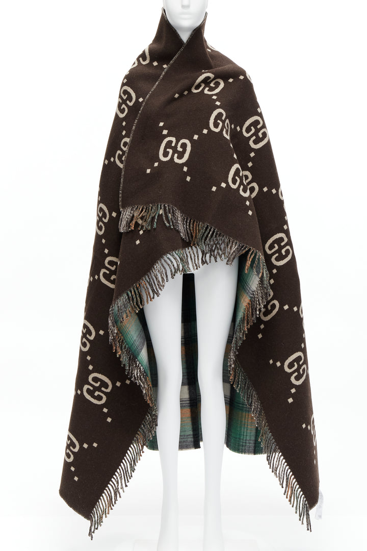 GUCCI 100% wool green red plaid tartan brown GG monogram blanket scarf
