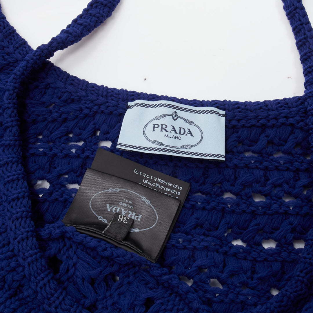 PRADA 2018 blue brown black logo crochet knit cropped tank top IT36 XXS