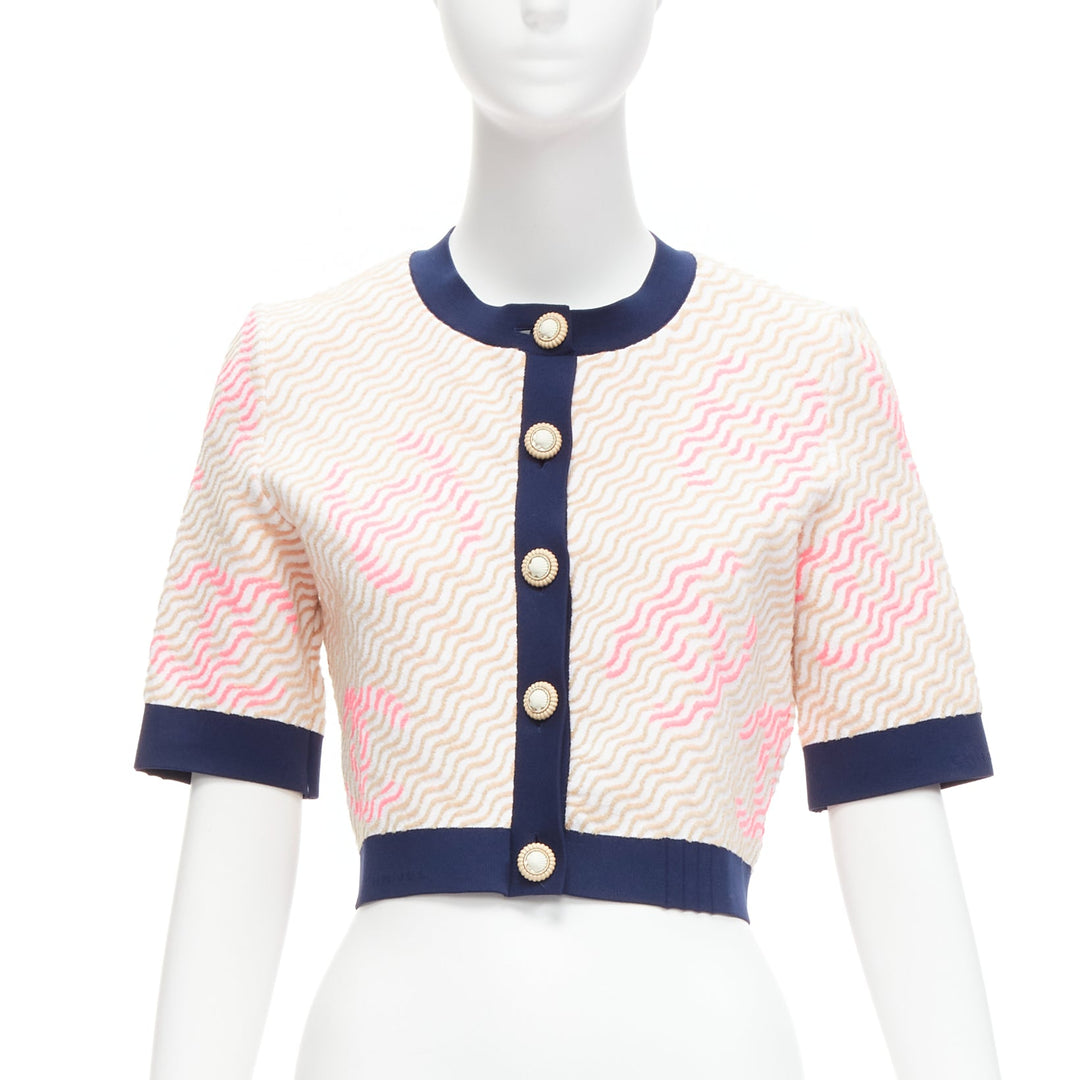 rare CHANEL pink applique logo twirl seashell button cropped cardigan FR38 M