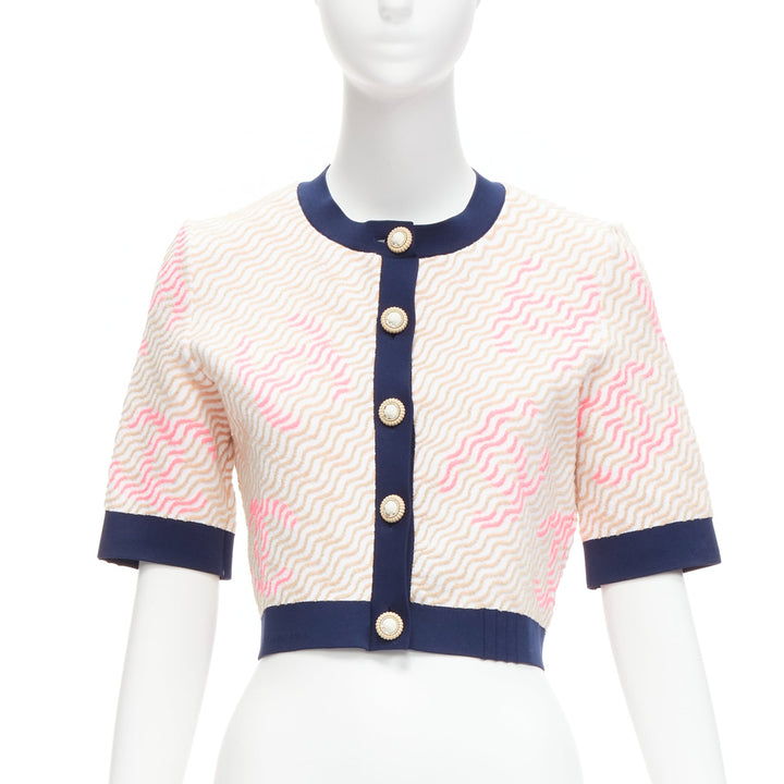 rare CHANEL pink applique logo twirl seashell button cropped cardigan FR38 M