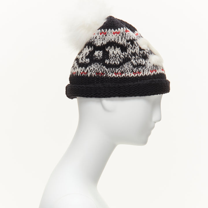 CHANEL 100% wool white CC logo pom pom black red intarsia beanie hat