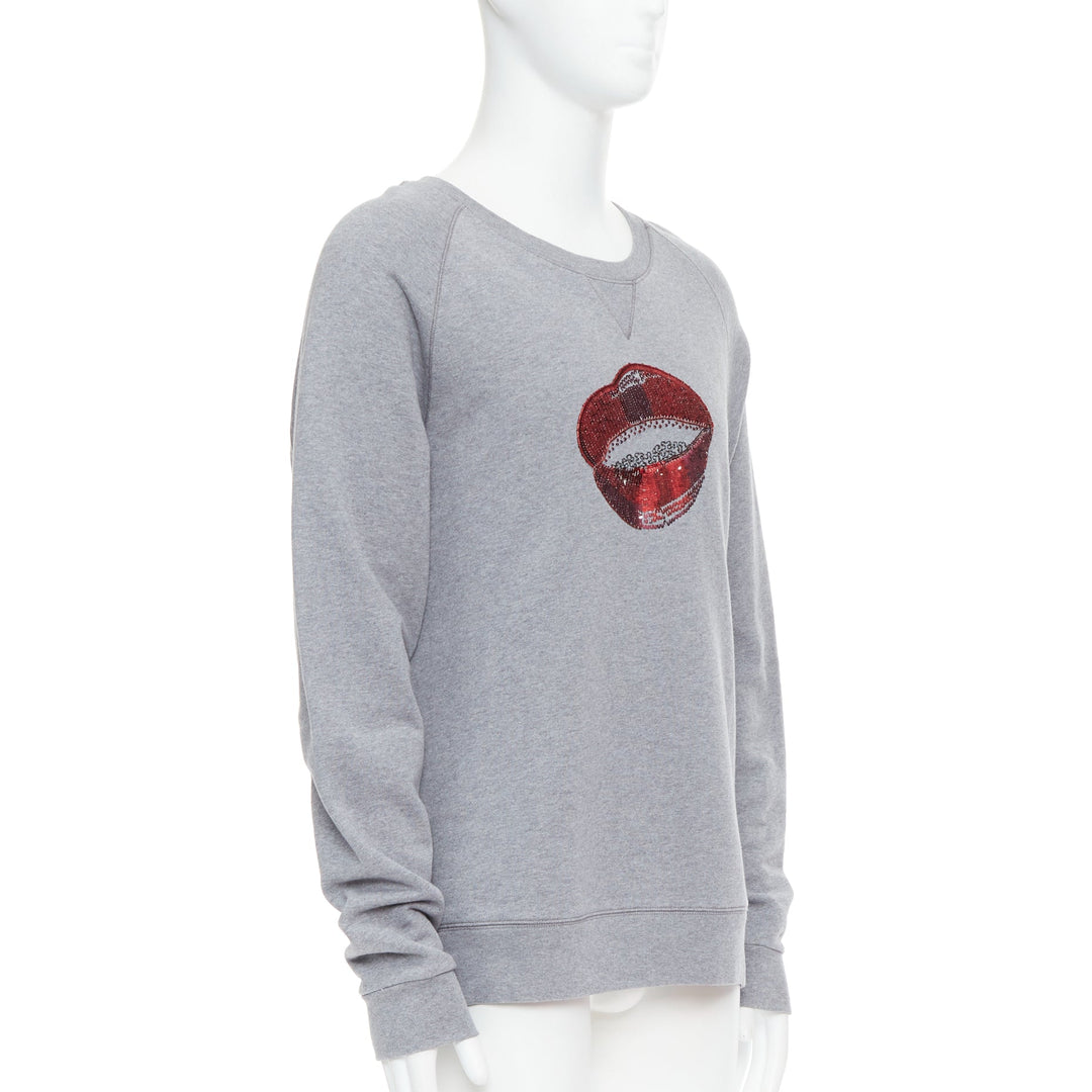 DRIES VAN NOTEN grey cotton red sequins lip crew pullover top L
