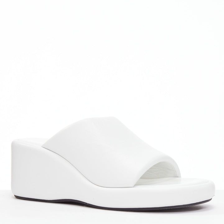 BALENCIAGA Rise white calf leather black logo padded wedged slides EU38
