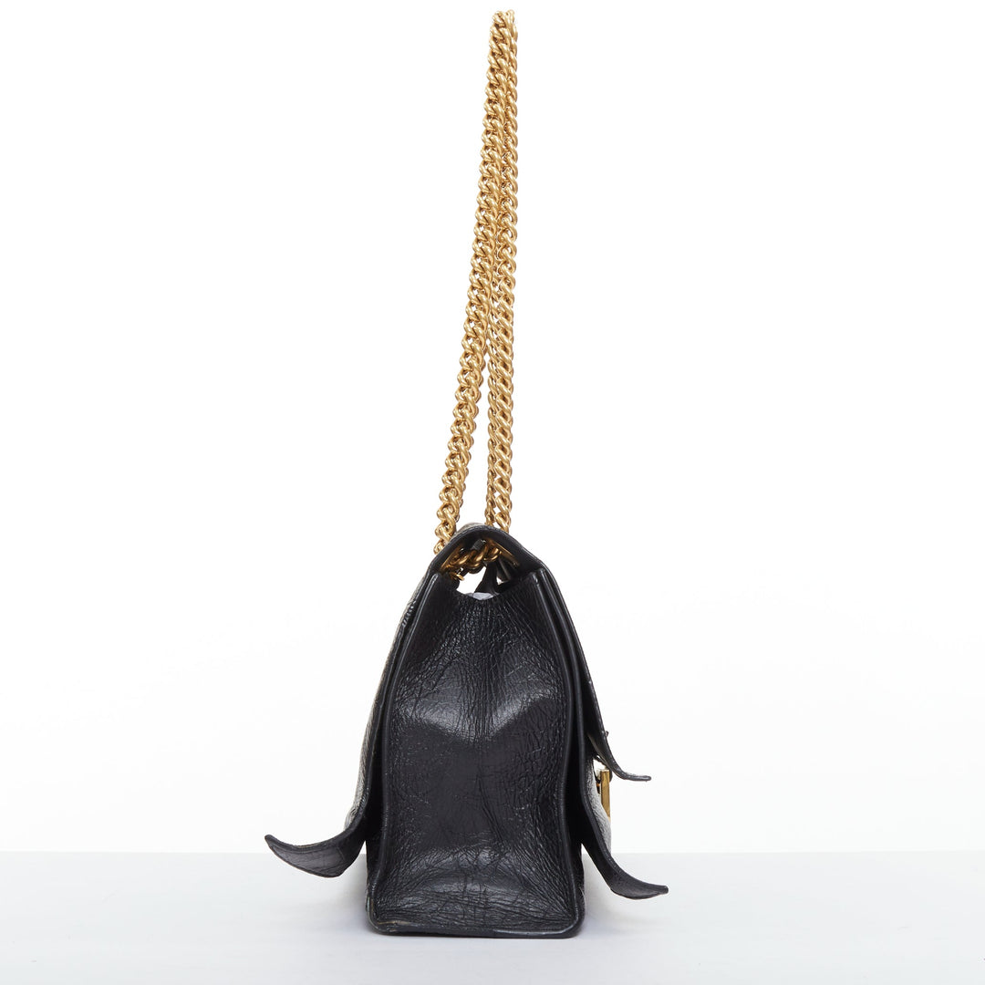 BALENCIAGA Crush Medum  black textured leather gold B chain flap shoulder bag