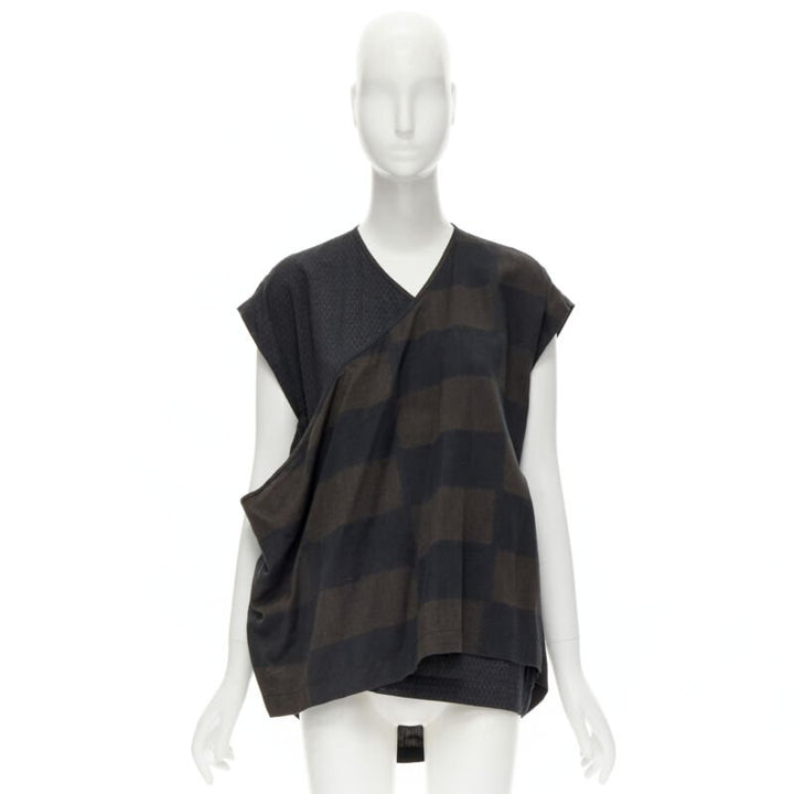 COMME DES GARCONS 1980's Vintage green checked wrap front draped vest top S