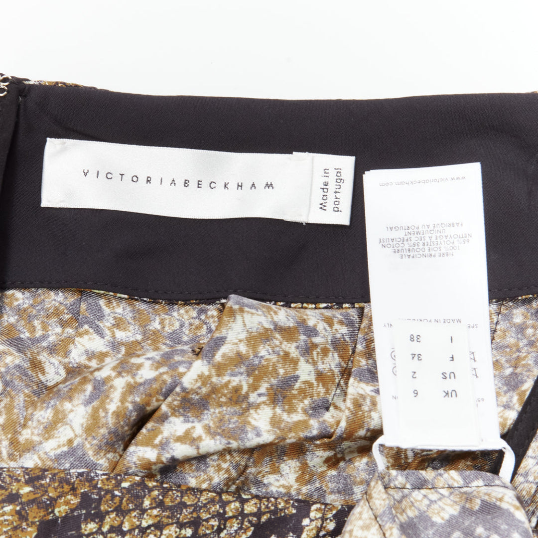 VICTORIA BECKHAM 100% silk  brown animal print pleated midi skirt UK6 XS