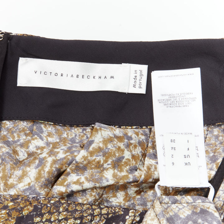 VICTORIA BECKHAM 100% silk  brown animal print pleated midi skirt UK6 XS