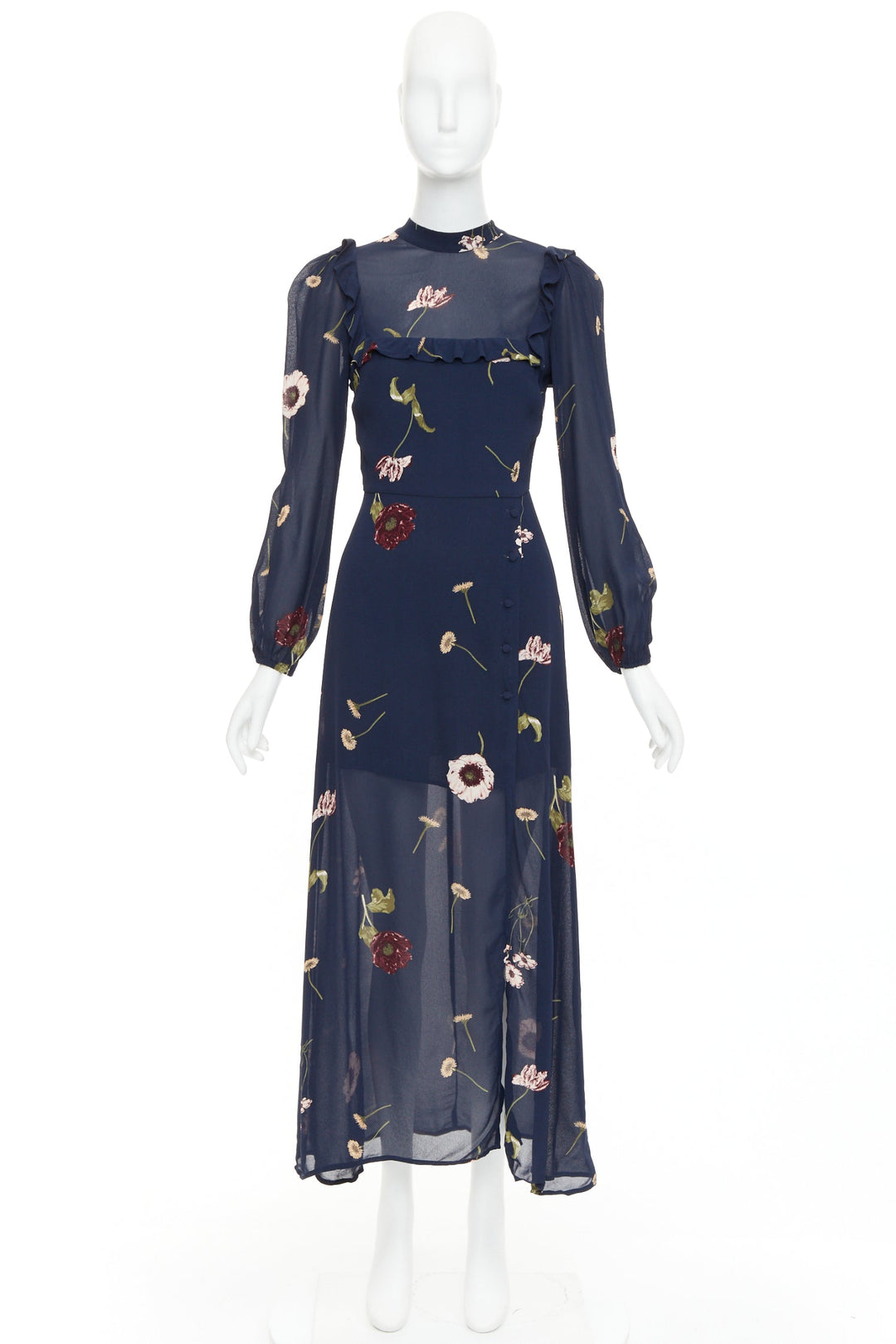 REFORMATION Gillian navy viscose floral print hi neck peasant dress US2 S