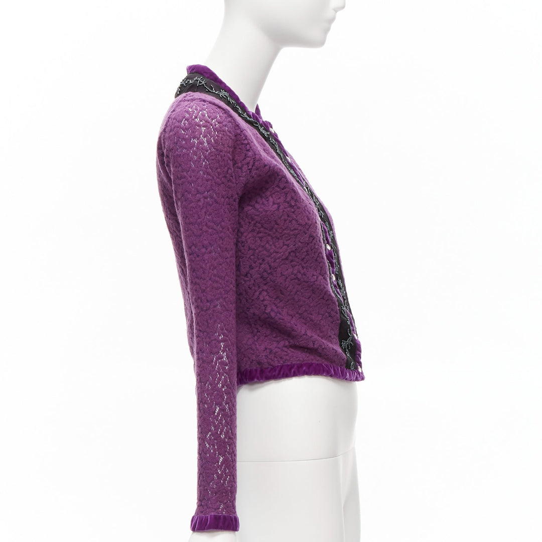 VOYAGE INVEST IN THE ORIGINAL LONDON purple wool black lace velvet cardigan M