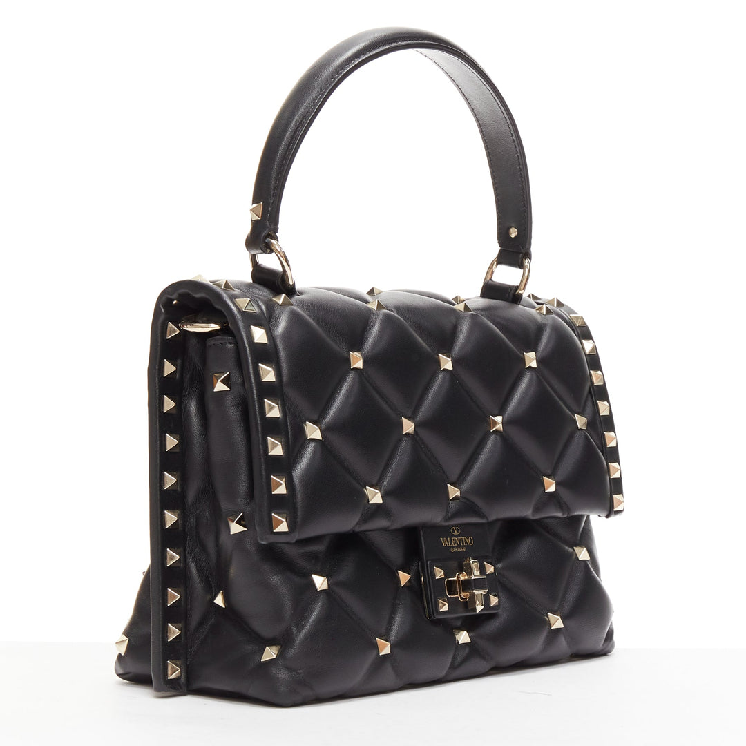 VALENTINO Candystud black nappa lambskin gold studded turnlock 2 way satchel bag