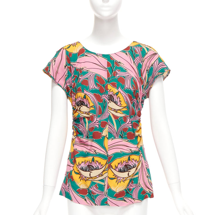 MARNI pink green floral illustration print gathered side cap sleeve top IT38 XS