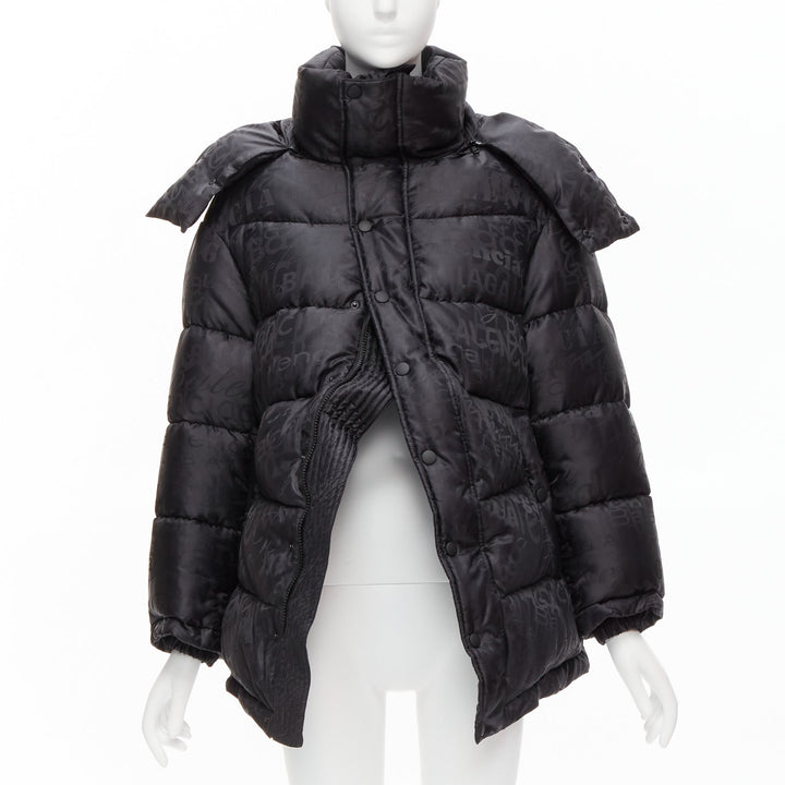 BALENCIAGA 2019 black logo jacquard Swing hooded quilted puffer coat FR36 S