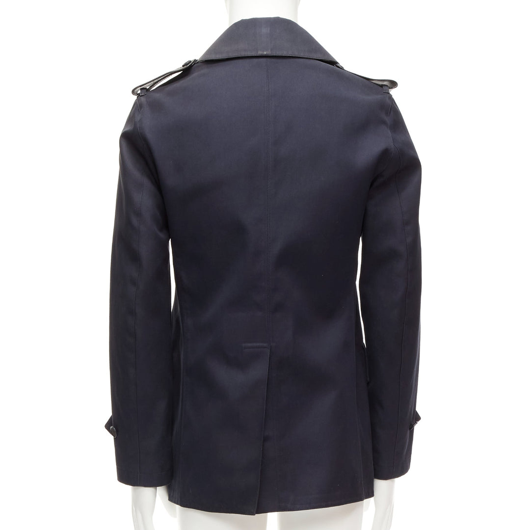 BURBERRY navy cotton wool lined leather epaulet short trench coat IT48 M