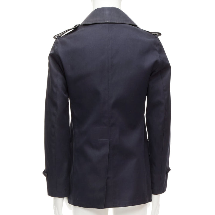 BURBERRY navy cotton wool lined leather epaulet short trench coat IT48 M