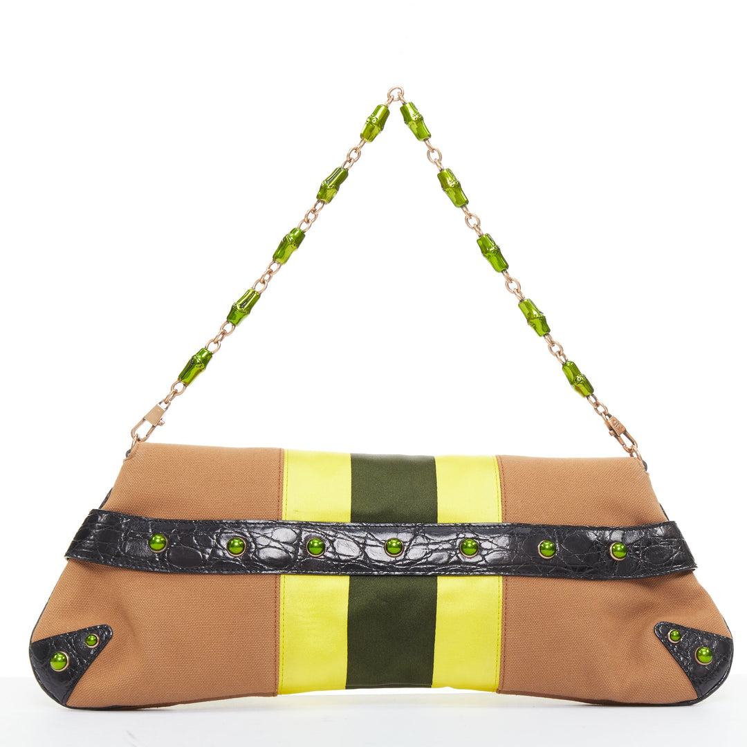 rare GUCCI Tom Ford 2004 green Dragon Horsebit crystal tan yellow canvas bag