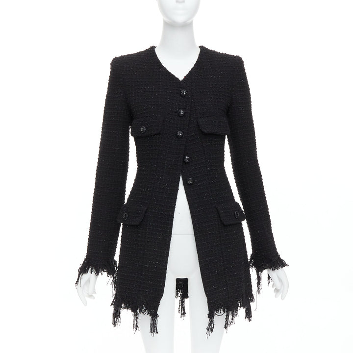 CHANEL 22C Runway black tweed fringe trim 4 pocket long jacket FR36 S